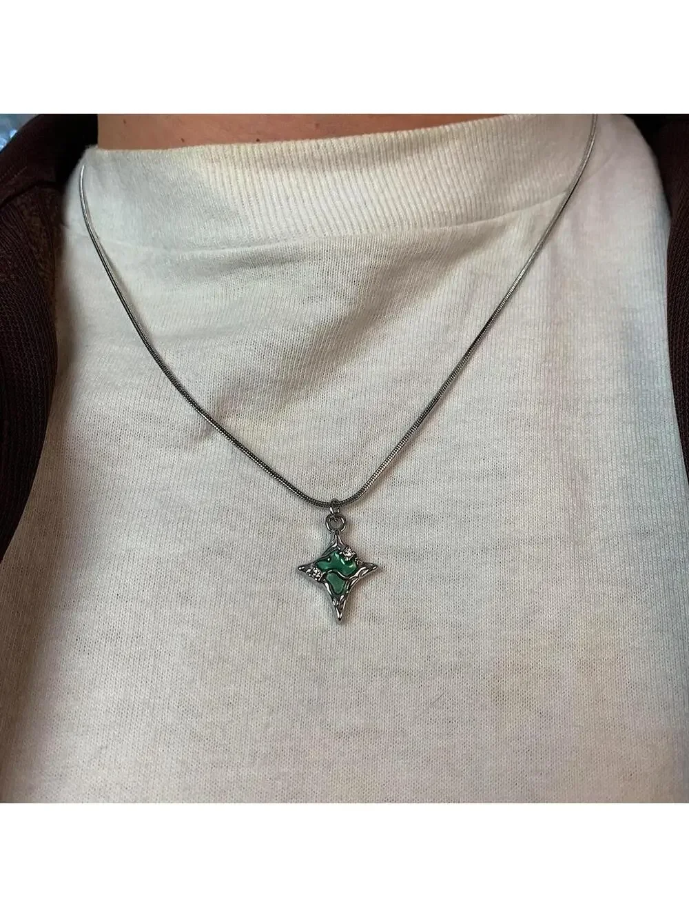 Y2K Cyber Melted Green Opal Star Silver Rope Chain Necklace Unisex